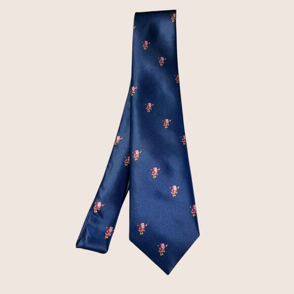 🎅 VINTAGE TEENY TINY SANTA TIE GIMBEL'S PHILADELPHIA IMPORTED ITALIAN SILK NAVY - Picture 1 of 5